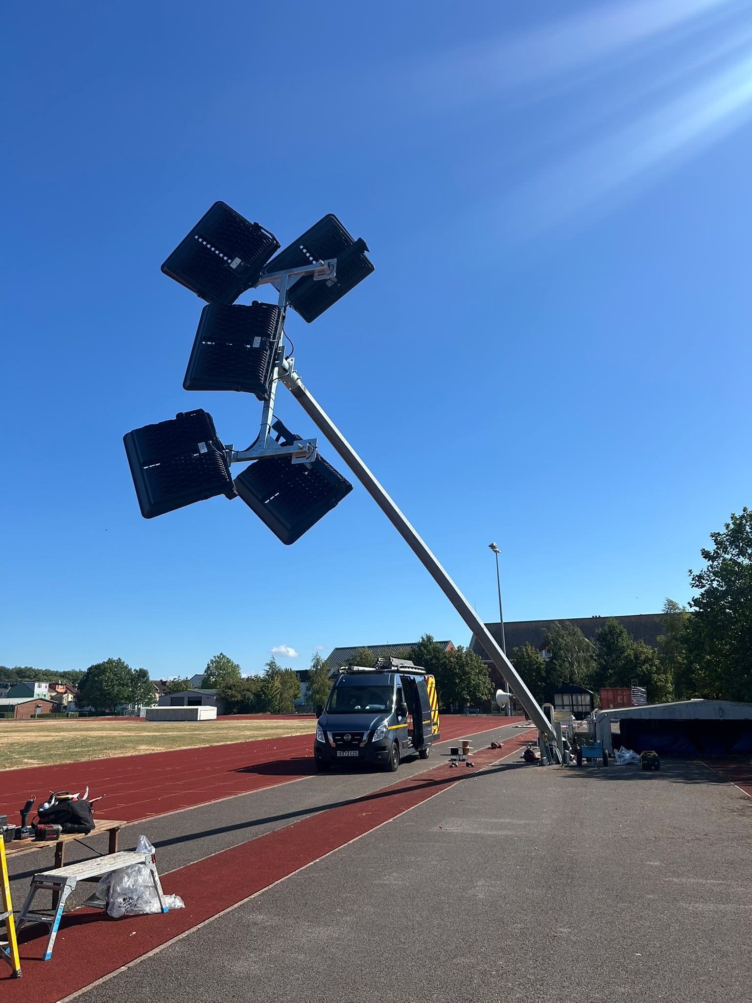 High-level floodlights lowered for maintenance